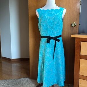 Calvin Klein Blue Lace Overlay Sleeveless Fit & Flare Black Belt Dress Size 12